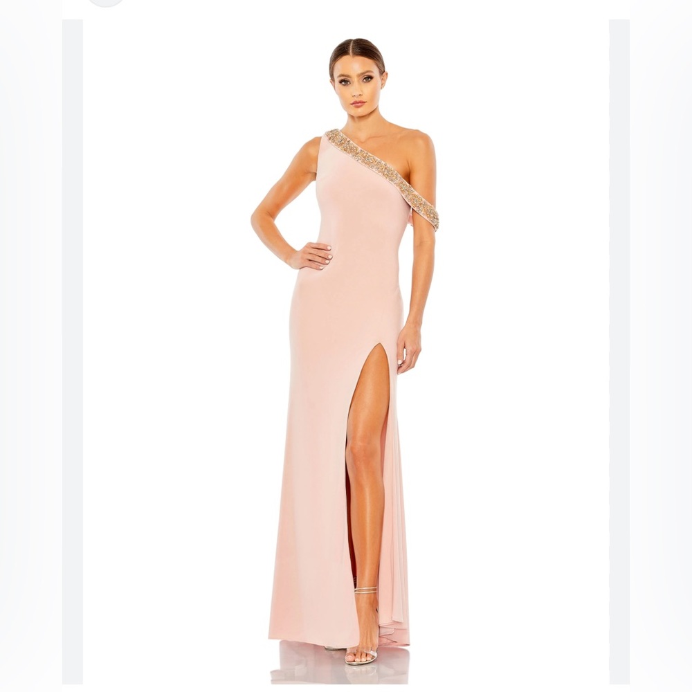 Mac Duggal 68163 Pink Slit Asymmetric Beaded Neckline Dress Size 4 NWT